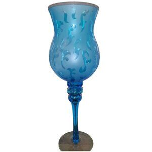 VTG Large Turquoise Blue Art Glass Hurricane Candle Holder Etched Scroll 17"